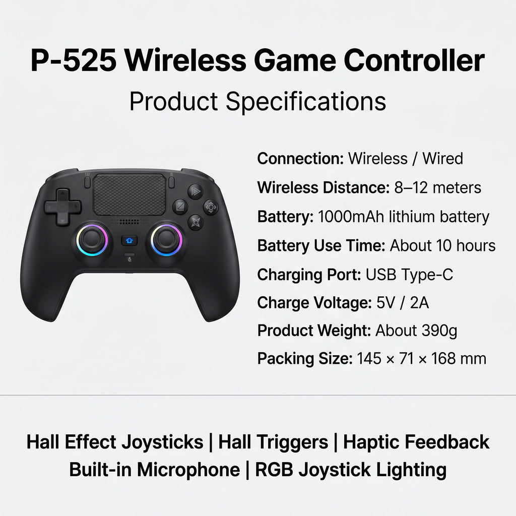 P-525 Wireless Game Controller — Hall Effect Joysticks, RGB Lighting, USB-C Charging