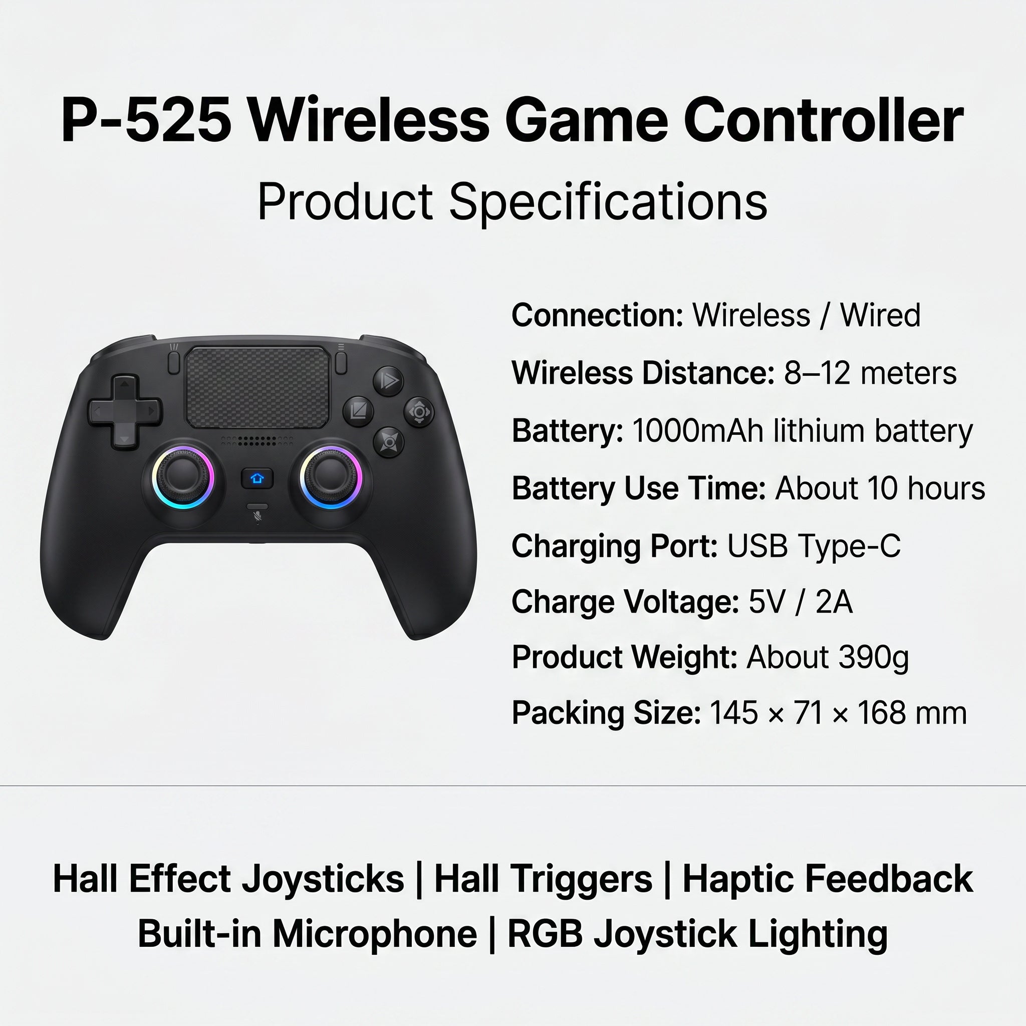 P-525 Wireless Game Controller — Hall Effect Joysticks, RGB Lighting, USB-C Charging