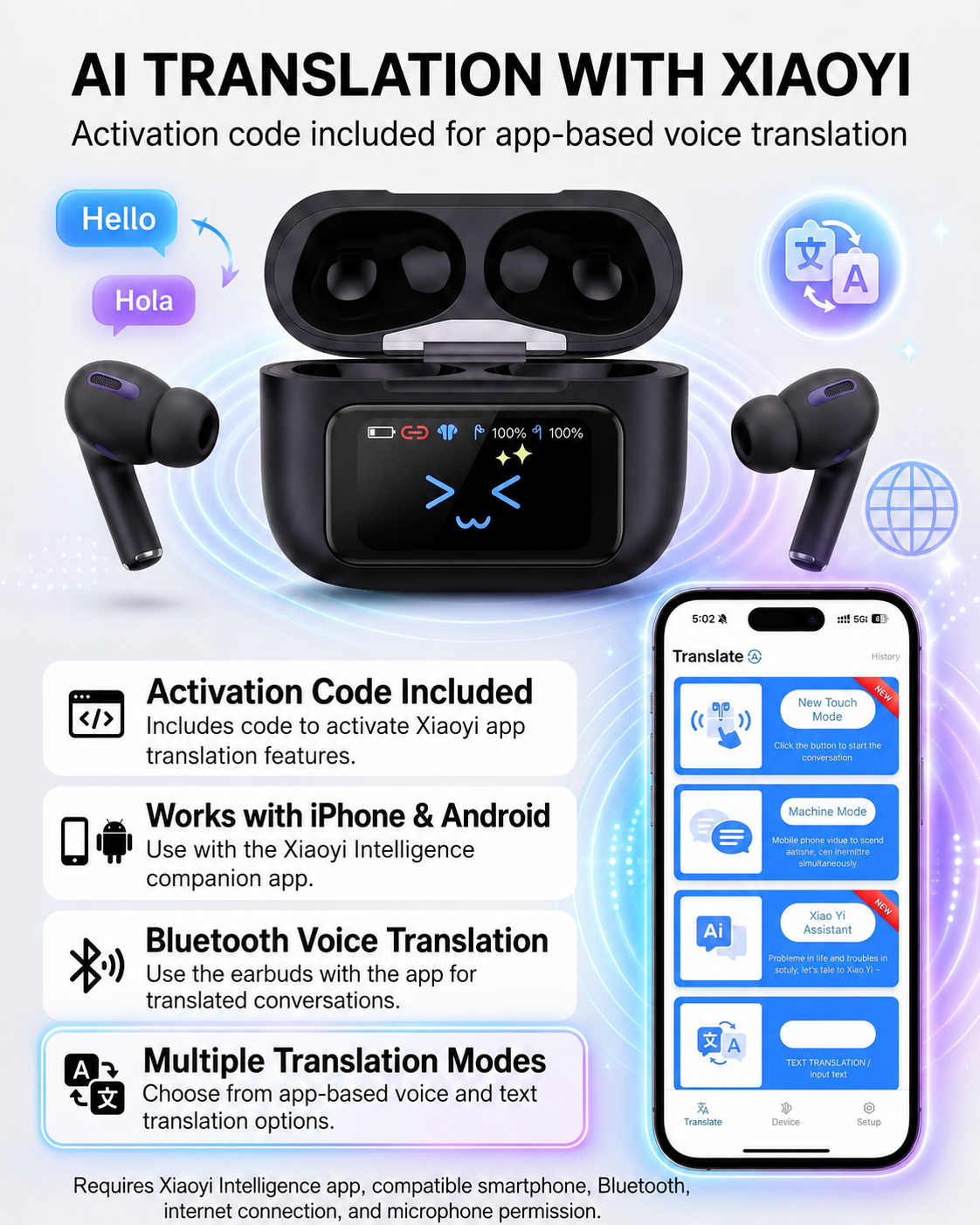 A9 Pro AI Translation Wireless Earbuds with Touchscreen Case, ANC/ENC – Black or White