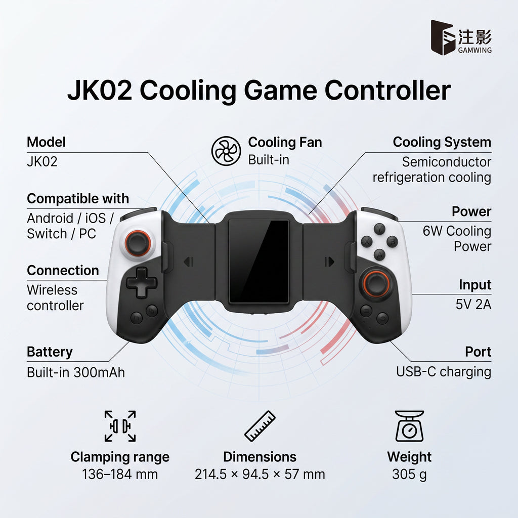 JK02 Cooling Game Controller for Android, iOS, Switch & PC — Wireless Mobile Gaming Controller with Built-In Fan