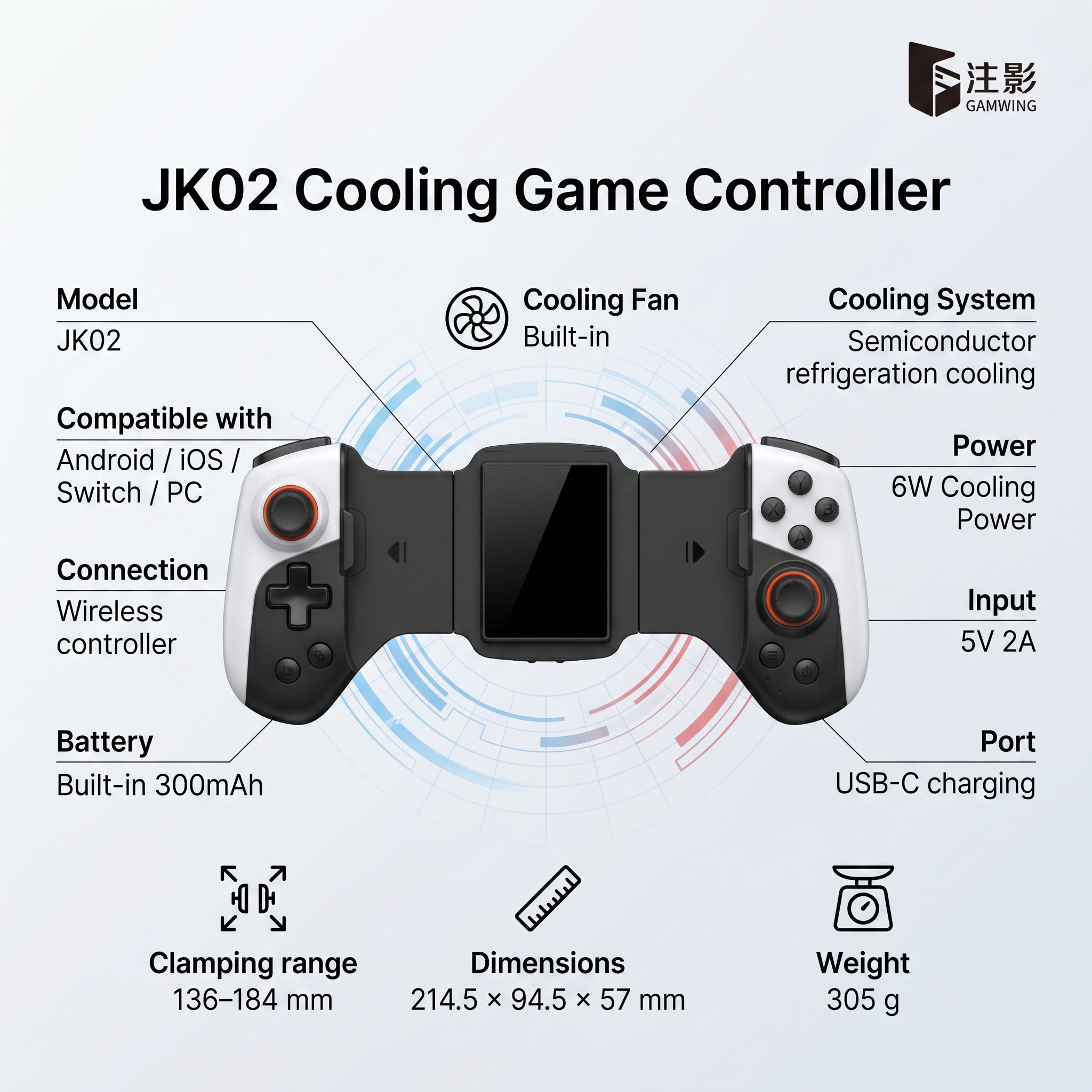 JK02 Cooling Game Controller for Android, iOS, Switch & PC — Wireless Mobile Gaming Controller with Built-In Fan