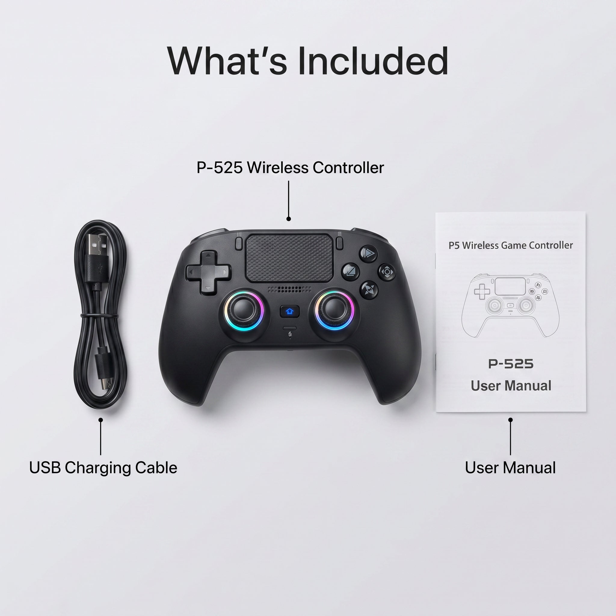 P-525 Wireless Game Controller — Hall Effect Joysticks, RGB Lighting, USB-C Charging