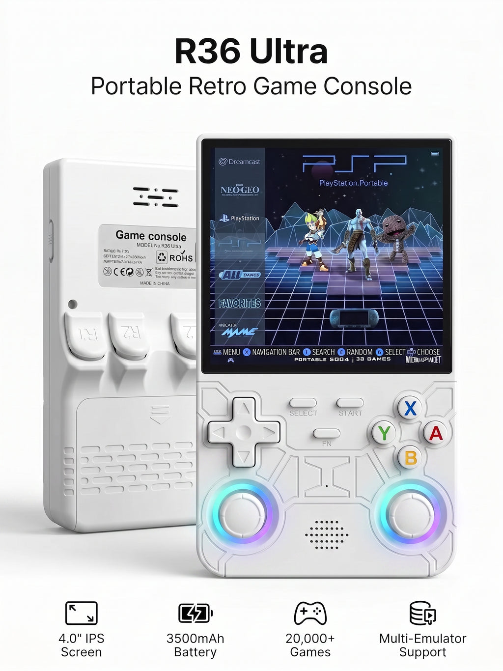 R36 Ultra Handheld Retro Game Console – 4.0" IPS Screen, 20,000+ Games, 3500mAh Battery