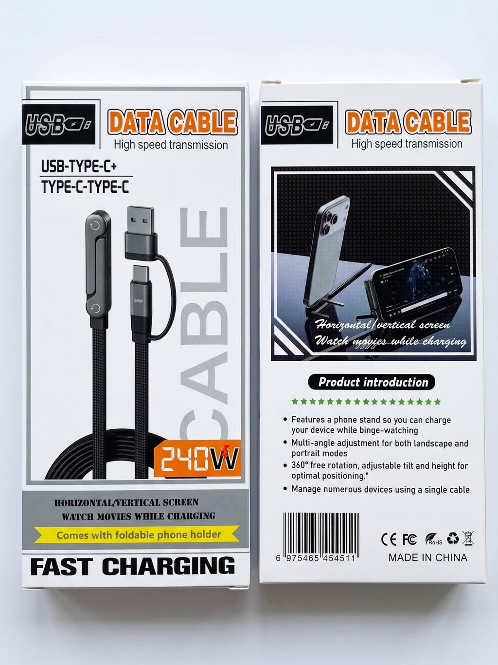240W USB-C Fast Charging Cable with Foldable Phone Stand
