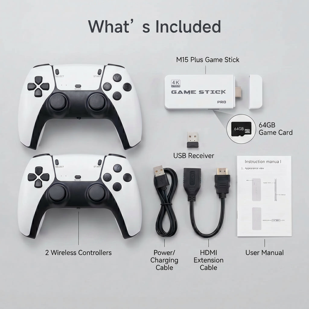 M15 Plus 2.4G Wireless Retro Game Stick — 64GB, Dual Controllers, HDMI Output