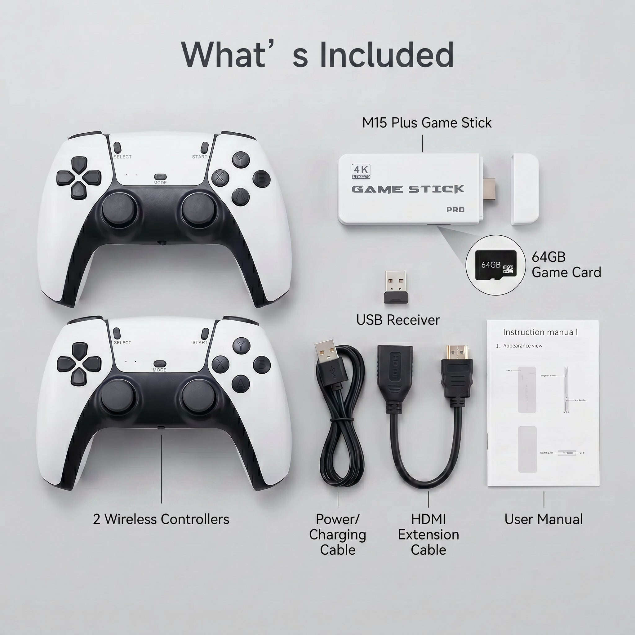 M15 Plus 2.4G Wireless Retro Game Stick — 64GB, Dual Controllers, HDMI Output
