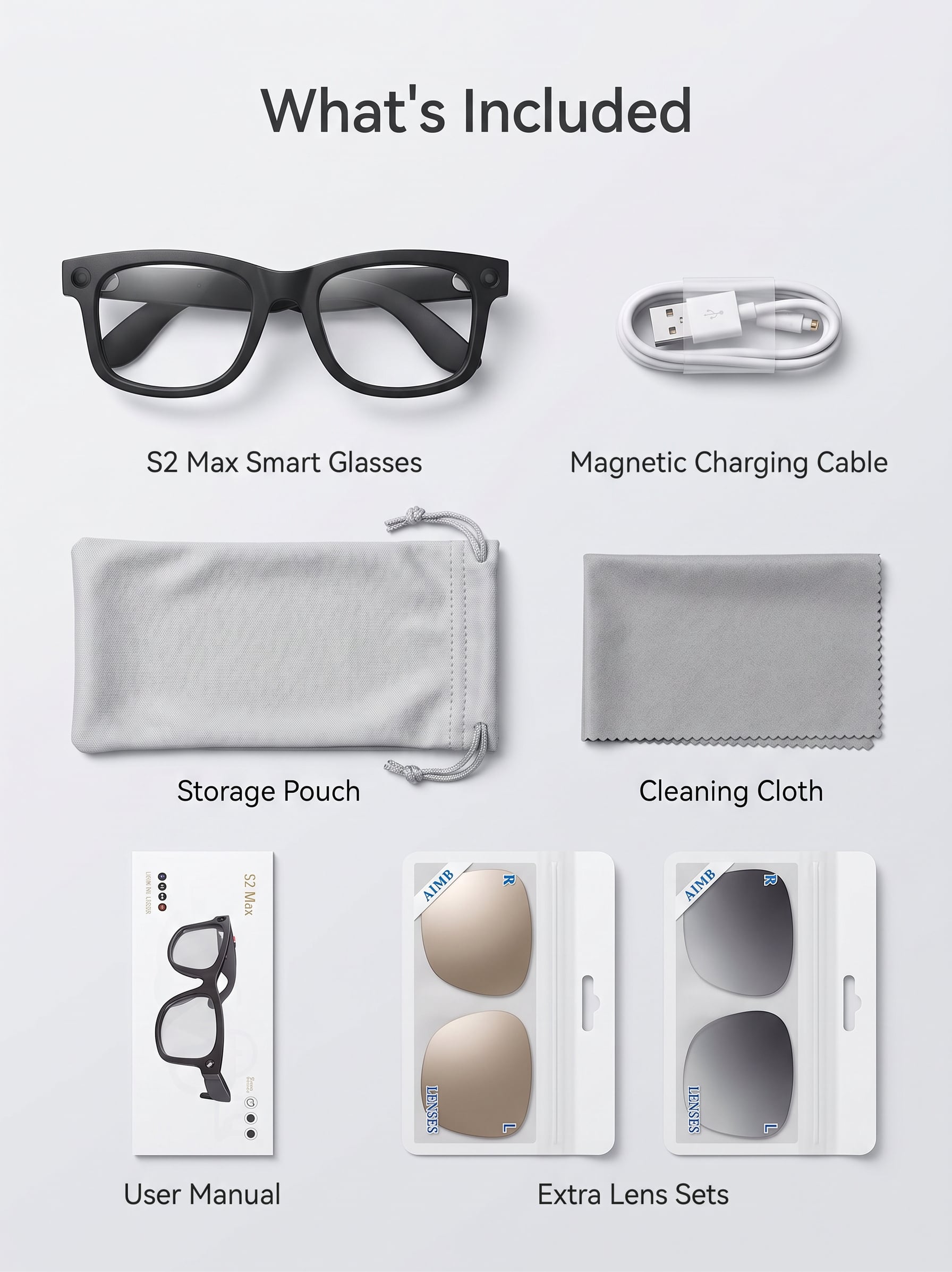 S2 Max Smart Glasses with Built-In Camera & 3 Lens Options