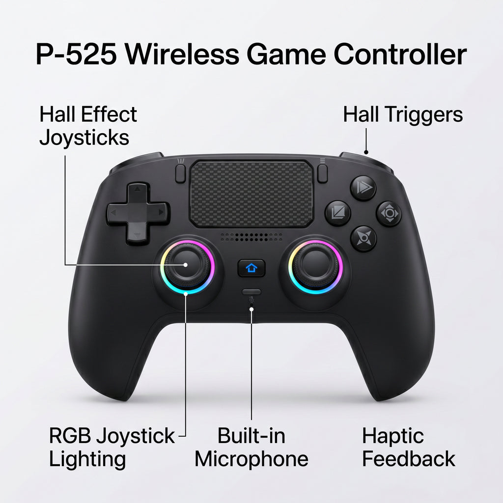 P-525 Wireless Game Controller — Hall Effect Joysticks, RGB Lighting, USB-C Charging