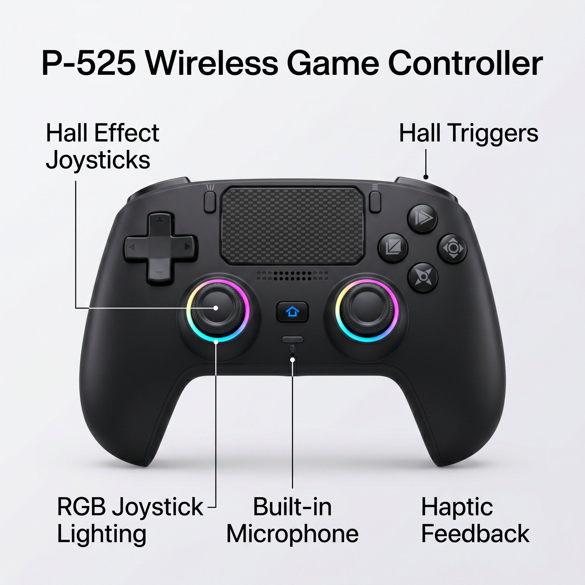P-525 Wireless Game Controller — Hall Effect Joysticks, RGB Lighting, USB-C Charging