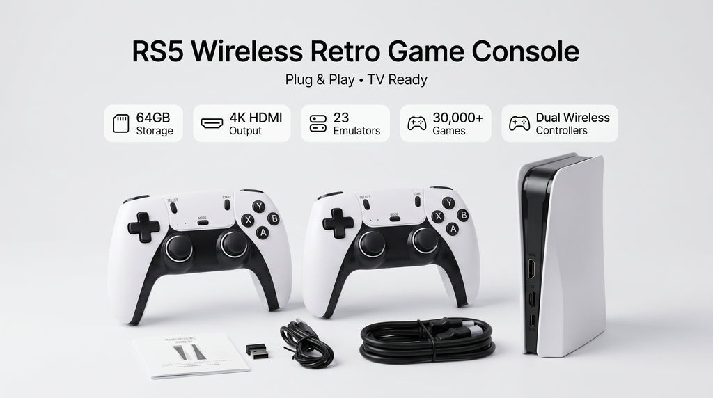 RS5 / Q10 SE 64GB Wireless Retro TV Game Console – 4K HDMI Output, 2.4G Controllers, 30,000+ Games