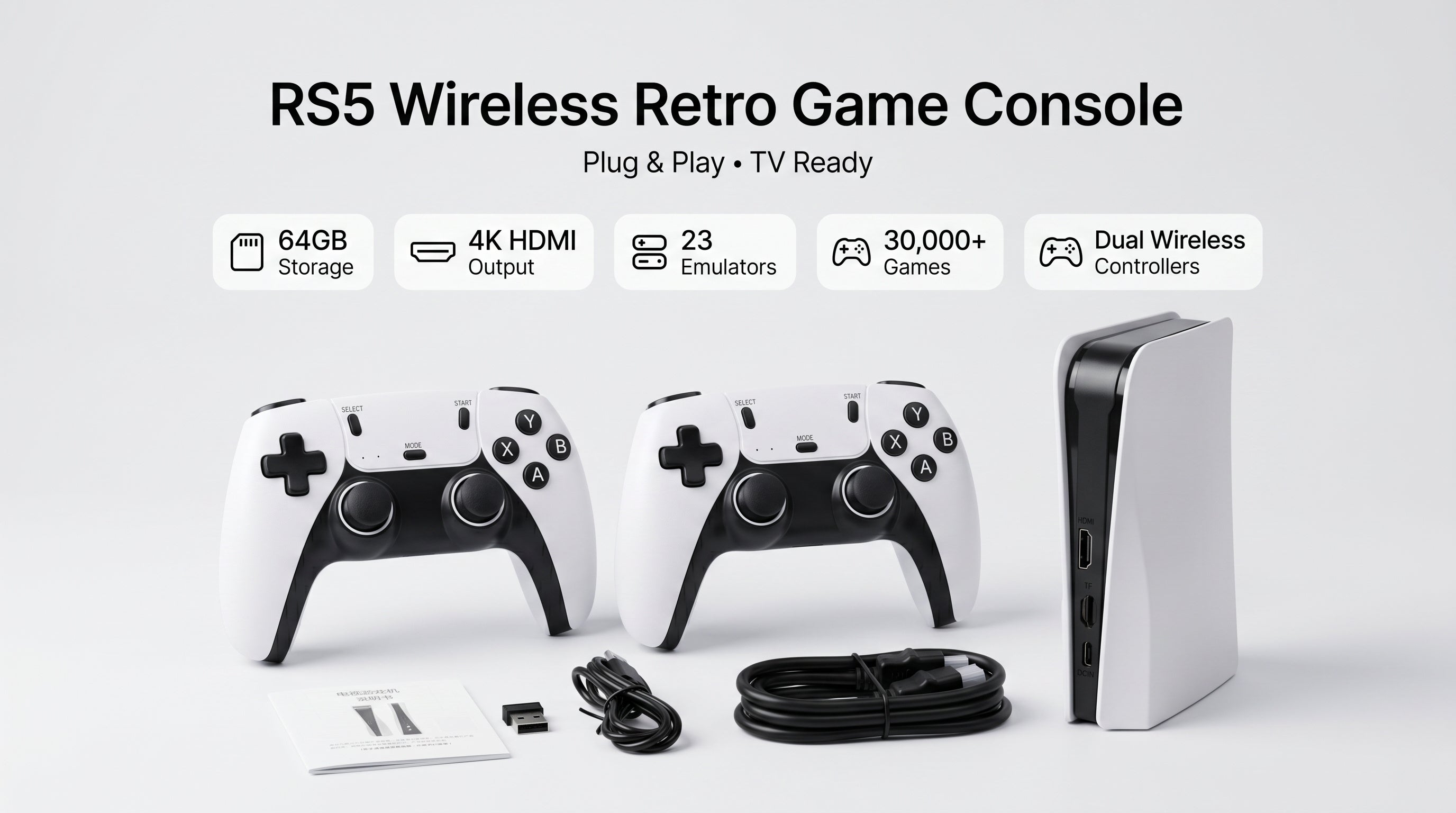 RS5 / Q10 SE 64GB Wireless Retro TV Game Console – 4K HDMI Output, 2.4G Controllers, 30,000+ Games