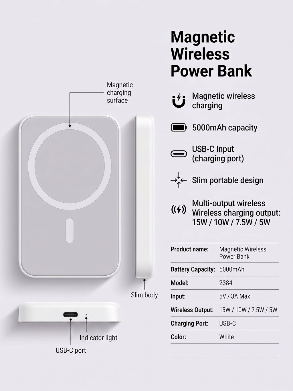 Magnetic Wireless Power Bank – 5000mAh Portable Battery Pack for Phone