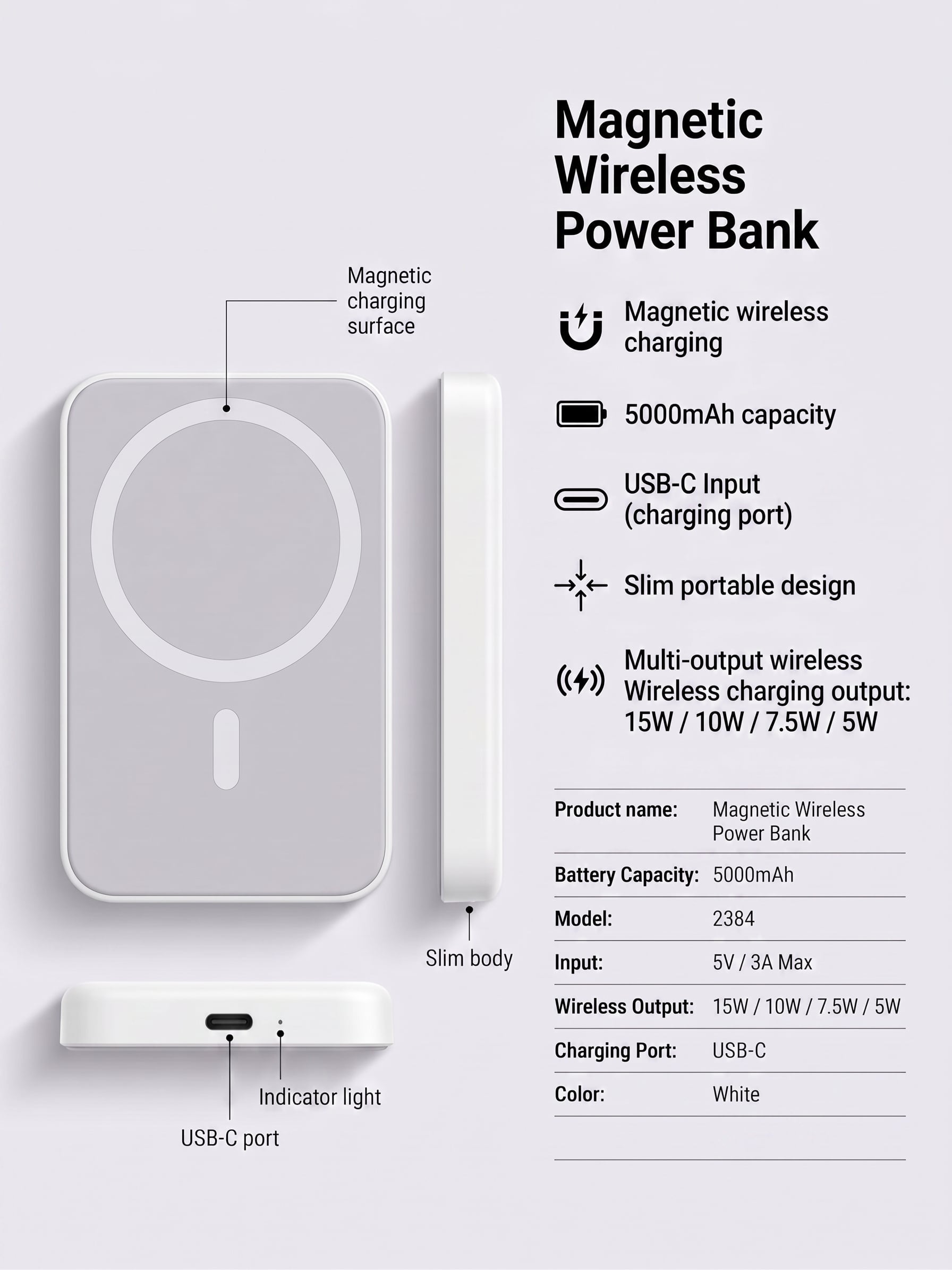 Magnetic Wireless Power Bank – 5000mAh Portable Battery Pack for Phone